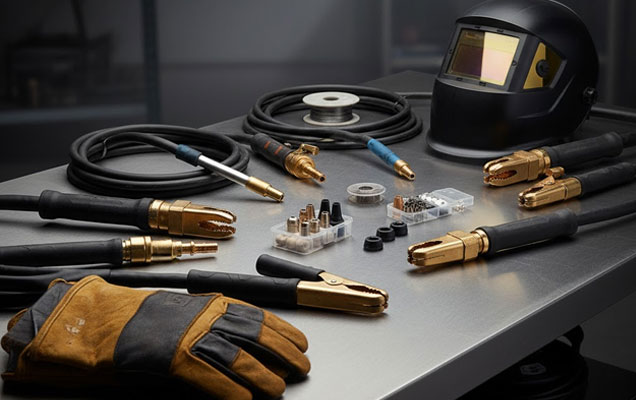 Professional welding accessories and consumables including torches, cables, clamps, PPE, and nozzles arranged on an industrial surface.